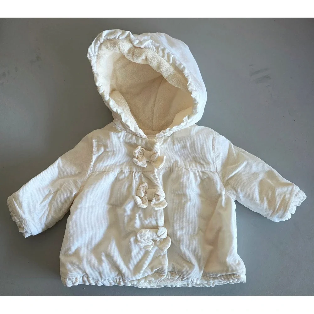 Gymboree Baby Girls White Corduroy Hooded Jacket Bow Fleece Lined 3-6 Months